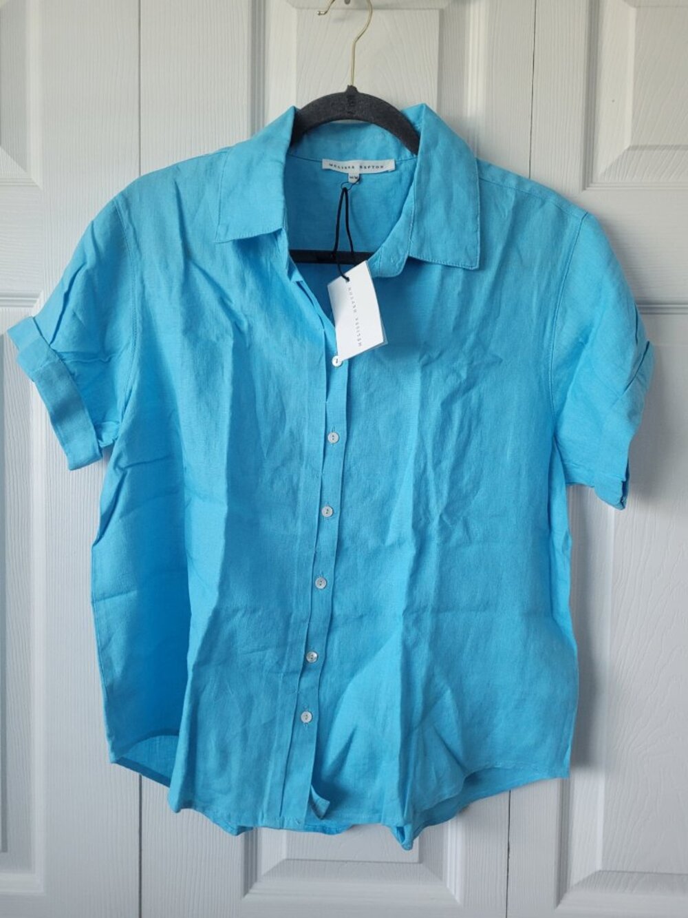 NWT MELISSA NEPTON Women's Josephine Linen Shirt in Aqua Blue
